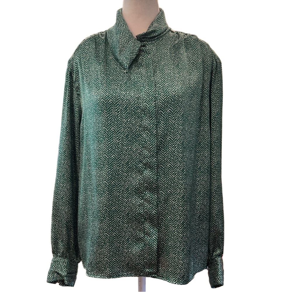Rena Rowan for Seville Sz 12 green/white asymmetrical collar long sleeve blouse
